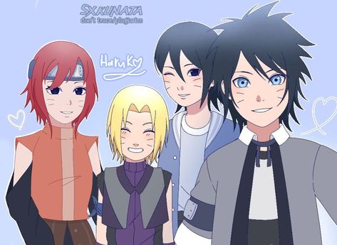 Sasunaru family Au, Hiroka Art original by me Don't use at base/Trace/Repost, Minako/Sarada/Menma art by : @sxkunata Uchimaki Family Sasunaru, Uchimaki Family, Karin Naruto, Naruto Fandom, Martin Mystery, Shino Aburame, Menma Uzumaki, Uchiha Family, Naruto Family