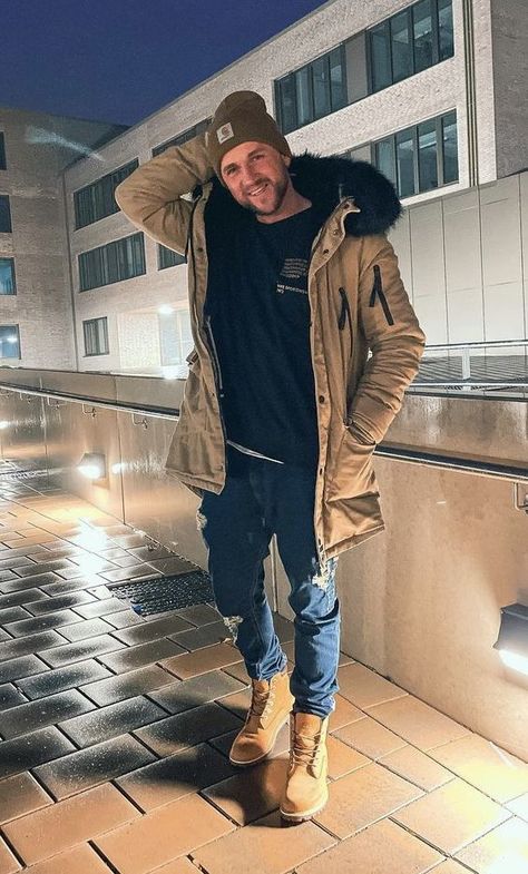 Timberland Outfits For Guys, Parka Men Outfit, Timberland Boots Outfit Winter, Style Timberland Boots, Timberlands Outfit, How To Wear Timberlands, History Tips, Timberland Outfit, Mens Clothing Guide