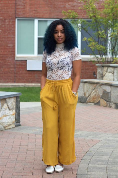 Best lace bodysuit outfit ever: Bold yellow drawstring palazzo pants on University of Bridgeport student Carol, paired with a short sleeve mock neck see-through lace body suit and bright teal hair. Yellow Bodysuit Outfit, Lace Bodysuit Outfits, Lace Bodysuit Outfit Jeans, Bodysuit Outfit Jeans, Bodysuit Outfit Ideas, Lace Bodysuit Outfit, Jeans And Lace, Lace Body Suit, Sick Clothes