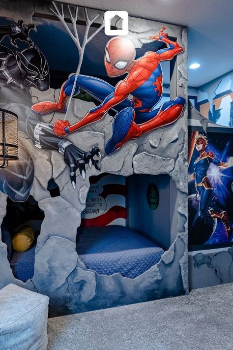 Boys Marvel Bedroom, Avengers Bedroom Ideas, Marvel Boys Bedroom, Avengers Themed Bedroom, Superhero Theme Bedroom, Spiderman Room Decor, Spiderman Bedroom, Avengers Bedroom, Marvel Bedroom