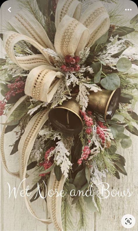 Christmas Floral Wreath, Christmas Floral Arrangements Farmhouse, Farmhouse Christmas Front Door, Christmas Swags Ideas, Farmhouse Wreaths For Front Door, Christmas Wreath With Bells, Christmas Floral Arrangements Diy, Wreath With Bells, Christmas Floral Decor