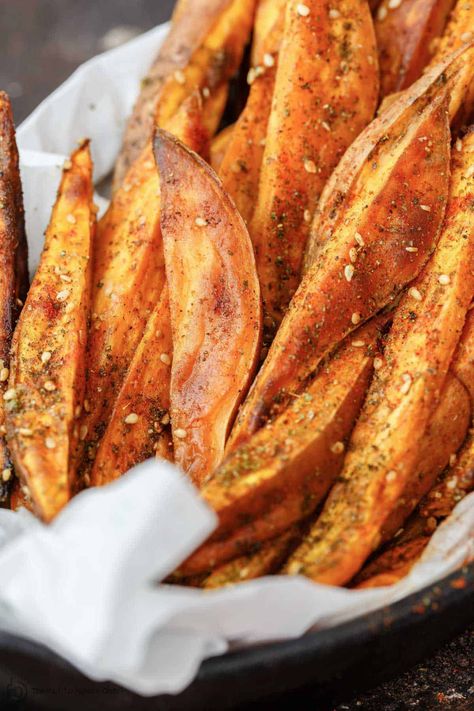 Tahini Dip, Sweet Fries, Baked Sweet Potato Fries, Crispy Sweet Potato Fries, Homemade Tahini, Sweet Potato Fries Baked, Mediterranean Spices, The Mediterranean Dish, Crispy Sweet Potato