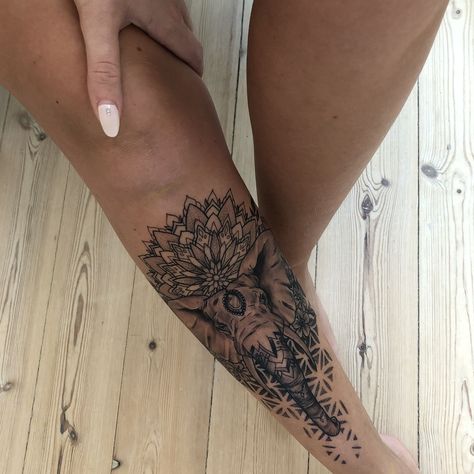 Calf Elephant Tattoo, Animal Shin Tattoos For Women, Elephant Tattoos Shin, Elephant Shin Tattoos For Women, Animal Shin Tattoo, Elephant Shin Tattoo, Shin Tattoos For Women Ideas, Elephant Foot Tattoo, Mandala Tattoo Leg