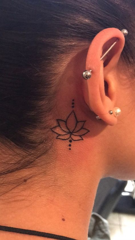 Lotus Flower Ear Tattoo, Henna Tattoo Designs Behind Ear, Small Ear Tattoos For Women Simple, Behind The Ear Lotus Tattoo, Lotus Flower Tattoo On Neck, Behind Ear Tattoo Small Simple, Small Tattoos Behind Ear For Women, Lotus Tattoo Neck, Lotus Behind Ear Tattoo