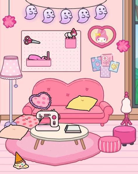 My melody room Toca Boca Hello Kitty Room, My Melody Room, Melody Room, Free Printable Paper Dolls, Free House Design, Diy Slime Recipe, Hello Kitty Rooms, Hello Kitty Crafts, Adorable Homes Game