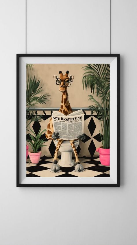 "Prepare to infuse your bathroom with personality! Our unframed, shipped animal art print features a goofy giraffe taking a throne break, donning stylish glasses, and catching up on the latest news in a vibrant botanical bathroom. It's the ultimate addition to your eclectic maximalist bathroom decor! 🎨 PRINTS GALORE! 🎨 Take your pick from a variety of sizes: A0 / A1 / A2 / A3 / A4 / A5 / 4\" x 6\" / 5\" x 7\" / 8\" x 10\" / 11\" x 14\" / 12\" x 16\" / 16\" x 20\" / 18\" x 24\" / 20\" x 28\" / 24\" x 36\" Your print is borderless for easy framing and expertly crafted on premium satin paper using archival pigment inks. Get ready for rich, vibrant colors that'll endure a lifetime behind glass. Note: Actual printed colours may vary slightly due to individual monitors displaying colours diffe Bathroom Pictures Wall Art Ideas, Bathroom Picture Ideas Wall Art, Goofy Giraffe, Giraffe Bathroom, Maximalist Bathroom Decor, Pop Art Bathroom, Maximalist Bathroom, Animal Print Bathroom, Bathroom Paintings