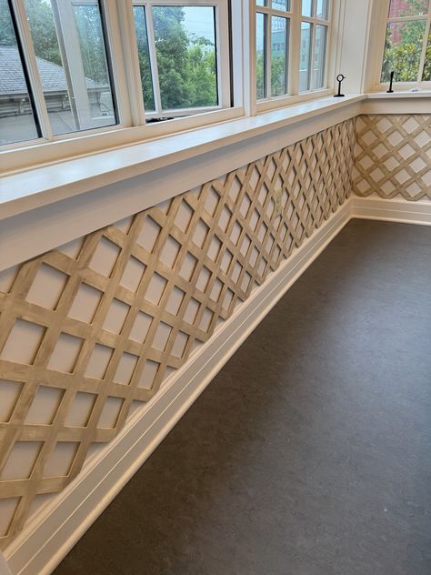 Lattice Wall Indoor, French Transitional Home, Waynes Coating, Pelmet Box, Molding Detail, River House Decor, Lattice Wall, Colonial Farmhouse, Wainscoting Panels