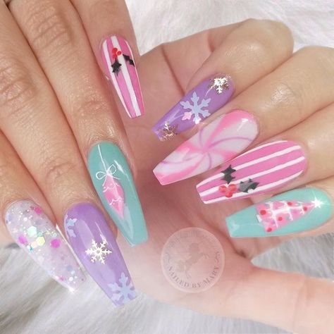 Holiday Pastel Nails, Colorful Christmas Nails Acrylic, Christmas Pastel Nails, Candyland Christmas Nails, Pastel Winter Nails, Pinkmas Nails, Candyland Nails, Pastel Christmas Nails, Unusual Nail Designs