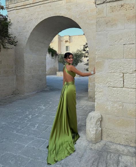 Satin Dress Backless, Olive Green Satin Dress, Event Advertisement, Surprise Dance Outfits, Italy Wedding Dress, Olive Wedding, Green Wedding Dresses, Casual Formal Dresses, Fashion Italy