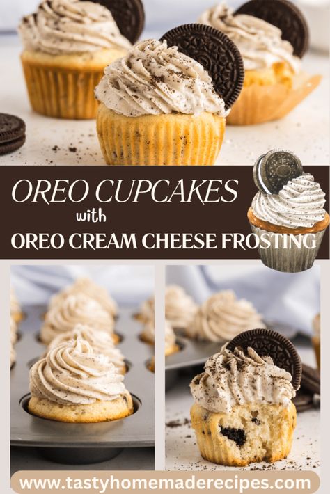 Flyer for Oreo Cupcakes with Oreo Cream Cheese Frosting Easy Cookies And Cream Cupcakes, Recipes With Oreo Crumbs, Oreo Cream Cheese Frosting, Oreo Cupcake Recipe, Oreo Cream Cheese, Cookies And Cream Cupcakes, Cookies And Cream Frosting, Moist White Cake, Cookie And Cream Cupcakes