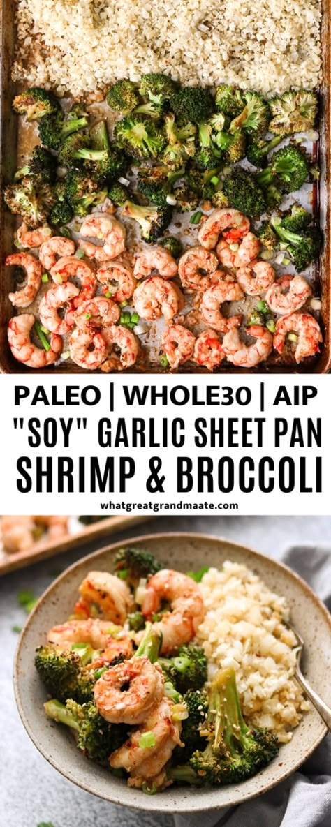 Delicious and flavorful "soy" garlic sheet pan shrimp and broccoli takes less than 30 minutes in the oven with easy cleanup! You'll love the Asian flavors in this paleo and Whole30 sheet pan meal. #sheetpanmeal #sheetpandinner #30minutemeals #30minuterecipes #sheetpan #whole30sheetpan #whole30meals #whole30 #paleo #glutenfree #paleosheetpan #asianpaleo #autoimmuneprotocol #aip #aipsheetpanmeals Aip Broccoli, Broccoli Dinners, Whole30 Sheet Pan, Sheet Pan Shrimp, Dinners Family, Pan Shrimp, Easy Whole 30 Recipes, Shrimp And Broccoli, Whole30 Dinners