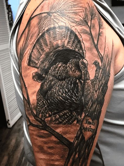 155+ Beautiful Turkey Tattoo Designs (2023) - TattoosBoyGirl Hunting Tattoo Sleeve Mens, Deer And Turkey Tattoo, Hunting Tattoo Ideas For Men, Mens Hunting Tattoos, Hunting Tattoos For Guys Sleeve, Turkey Hunting Tattoos, Hunting Tattoos For Guys, Turkey Tattoo, Turkey Tattoos