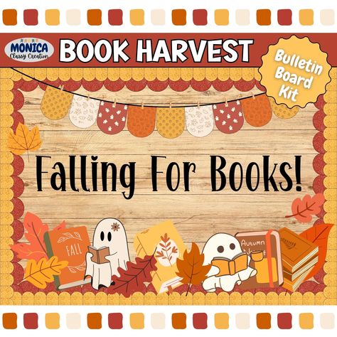 Cozy up your classroom with this Fall theme bulletin board kit! Featuring charming ghosts, autumn leaves, and cozy books, it's perfect for celebrating the season from Halloween to Thanksgiving. Create a warm, inviting reading space with this seasonal decor that's sure to make your students fall in love with reading!" Included with this digital download: --3 Different Sayings in 3 Different Color Choices (Solid Black, Multicolor, & Black Outline) --Bulletin Board Banner --Bulletin Board Decor --B Happy Fall Bulletin Board Ideas, Fall In Love With Reading Bulletin Board, Fall Bulletin Boards For Library, Fall Book Fair Themes, Fall Library Bulletin Boards, Fall Library Displays, Fair Theme, Library Bulletin Board, Reading Bulletin Boards