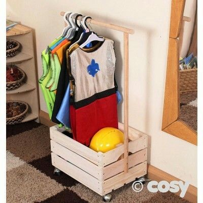 Classroom Dress Up Area, Play Clothes Storage, Diy Play Clothes Rack, Costume Storage Kids, Diy Dress Up Rack, Dress Up Storage Ideas, Dressing Up Storage Kids, Kids Dress Up Storage, Dress Up Corner