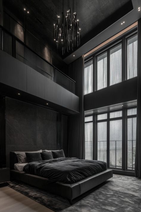 Black Interior Bedroom Design, Modern Bedroom With Bathroom, Black Interior Bedroom, Mafia Pictures, Villains Lair, Haley Core, Luxurious Master Bedrooms, House Claims, Mafia House Aesthetic