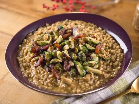 Risotto with Guanciale, Brussels Sprouts and Parmigiano Scott Conant, Mushroom Stock, Porcini Mushrooms, Spanish Onion, Parmigiano Reggiano, Crushed Red Pepper, Pan Set, Brussels Sprouts, Brussel Sprouts