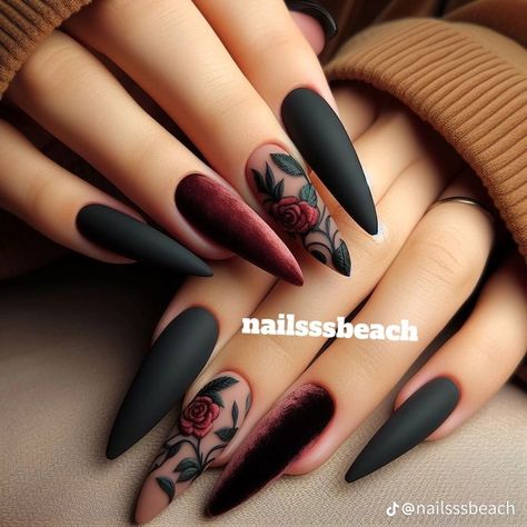 Gothic Nail Inspiration, Gothic Pedicure, Dark And Moody Nails, Dark Romance Nails, Morticia Addams Nails, Fall Nail Looks, Nails With Roses Design, Black Rose Nails, Moody Nails