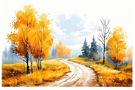 Landscape outdoors painting autumn. AI generated Image by rawpixel. | premium image by rawpixel.com / Hoshi Outdoors Painting, Autumn Landscape Photography, Autumn Landscape Painting, Road Painting, Autumn Watercolor, Landscaping Images, Paper Plants, Image Paper, Fall Watercolor