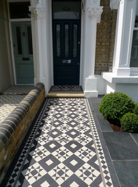 Garden Bike Storage, Victorian Mosaic Tile, Victorian Front Garden, Front Path, Victorian Front Doors, Garden Front Of House, York Stone, Victorian Floor Tiles, Victorian Terrace House