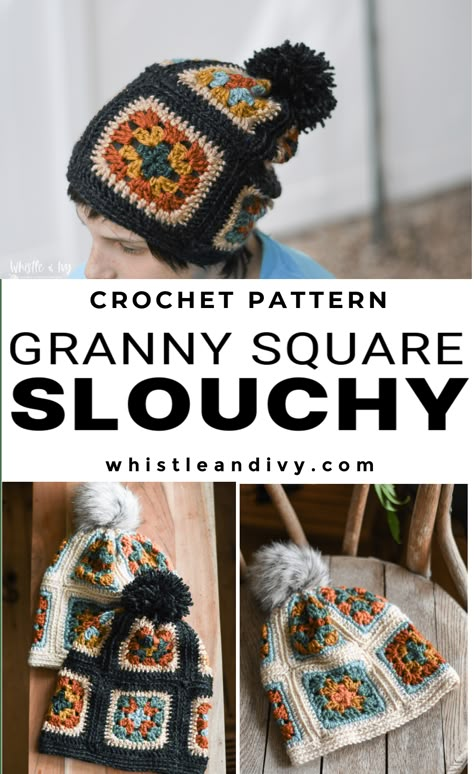 Classic meets modern with some boho flair when you make this crochet granny square hat! Great for advanced beginners, and perfect for stash busting scraps! Pattern includes sizing from infant to adult. #crochethat #grannysquarehat #grannysquareslouchy #moderncrochet #moderngrannysquare Granny Stitch Crochet Projects, Crochet Hipster Beanie, Granny Beanie Crochet, Crochet Granny Hat Free Pattern, Granny Stitch Crochet Hat Pattern, Crochet Granny Stitch Scarf Free Pattern, Free Granny Square Hat Pattern, Granny Square Crochet Pattern Bulky Yarn, Crochet Jumbo Yarn Patterns