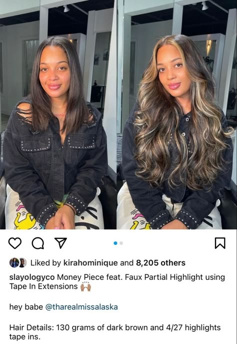 Honey Brown Hair Extensions, Highlights With Extensions Dark Brown, Blond Highlight Sew In, Highlighted Tape In Extensions, Highlight Extensions On Black Hair, Black Honey Blonde Hair, Full Head Highlights Black Hair, Highlights Tape Ins, Blonde Streaks In Dark Hair Black Women