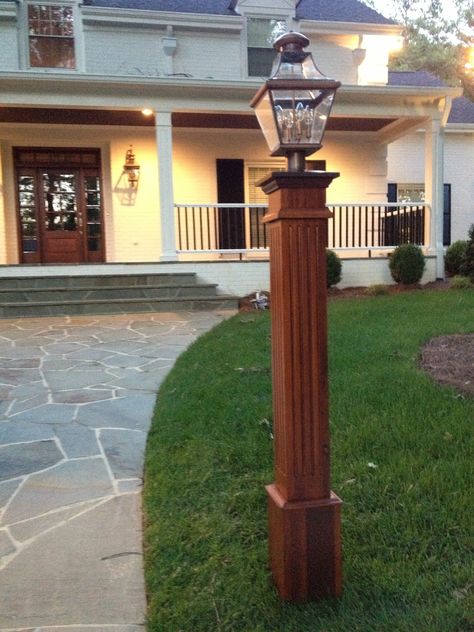 Cedar Lamp post to match cedar shingles and red brick grey stucco and white trim Driveway Lamp Post Ideas, Driveway Lamp Post, Cedar Light Post, Driveway Posts With Lights, Wooden Light Post Outdoor, Lamp Post In The Woods, Yard Lamp Post, Driveway Lighting Post, Wood Lamp Post Outdoor