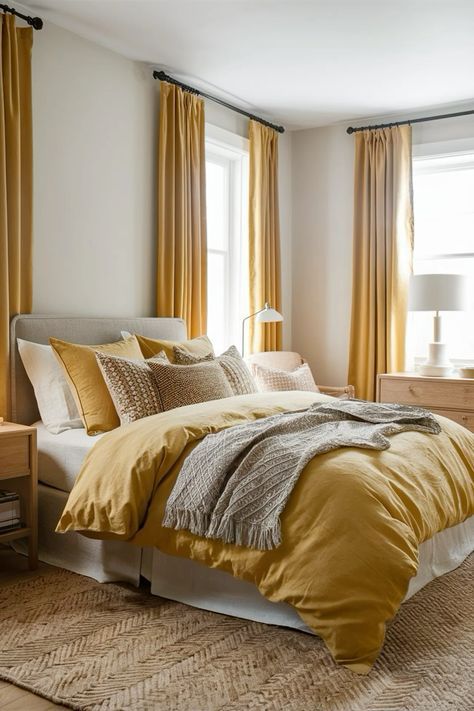 Yellow Bedroom Colour Schemes, Master Bedrooms Decor Yellow, Mustard Bedding Color Palettes, Bedroom With Mustard Accents, Beige And Yellow Bedroom, Mustard Yellow And Grey Bedroom, Yellow Master Bedrooms Decor, Mustard Bedroom Decor, Mustard Interior Design