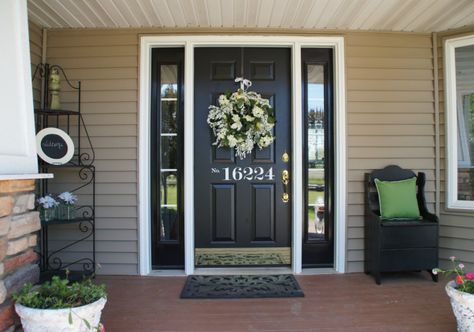 I would like to replace my stupid glass blocks with something like this Best Front Door Colors, Tan House, Black Front Door, Shutter Colors, Best Front Doors, Green Front Doors, Front Door Makeover, Black Shutters, Door Colors