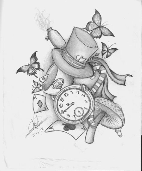 Alice In Wonderland Tattoo Idea. Like the concept, not necessarily all the chosen items. Alice In Wonderland Tattoo, Alice And Wonderland Tattoos, Alice In Wonderland Flowers, Alice In Wonderland Drawings, Wonderland Tattoo, Desenho Tattoo, Art Disney, Disney Alice, Disney Tattoos