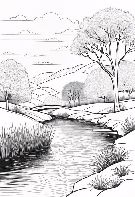 Premium Photo | A drawing of a river with trees coloring book illustration How To Draw River, Lake Drawing Simple, River Drawing Pencil, How To Draw A River, River Drawing Simple, Landscape Perspective Drawing, Buddha Birth, Landscape Ideas Drawing, Popular Coloring Pages