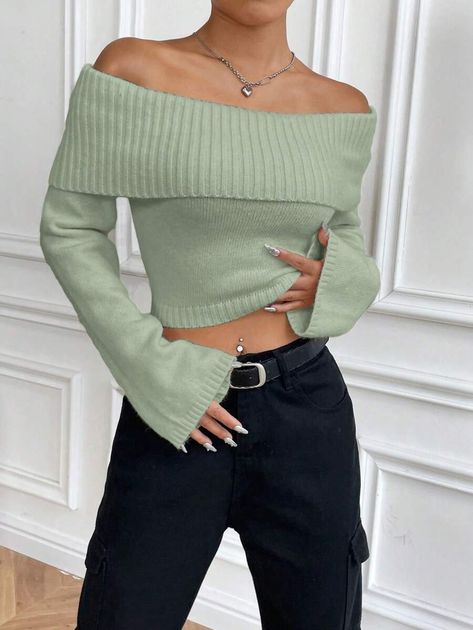 Solid Color Cropped Sweater With Off-the-shoulder Neckline For Casual Wear | SHEIN USA Green Off Shoulder Top Outfit, Green Top Outfit, Off The Shoulder Top Outfit, Shoulder Tops Outfit, Cropped Outfits, Versatile Sweater, Long Sleeve Outfits, Cropped Pullover, Trumpet Sleeve