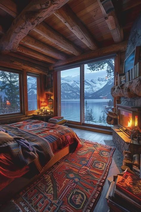 Bedroom Wall Decor Ideas, Mountain Cabins, Cabin Living Room, Cabin Aesthetic, Cozy Homes, Colourful Living Room Decor, Cabin Interiors, Colourful Living Room, Wall Decor Ideas