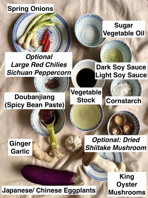 The ingredients for Yu Xiang Qie Zi Chinese Eggplant Recipe on a linen cloth. Easy Authentic Chinese Recipes, Chinese Eggplant Recipes, Vegan Eggplant Recipes, Longevity Noodles, Chinese Eggplant, Chinese New Year Food, Eggplant Recipe, Chinese Restaurants, Authentic Chinese Recipes