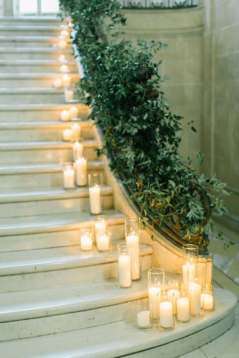 5 Decor Tips For The Sustainable Bride Having A Home Wedding Candle Staircase, Candle Stairs, Decoration Stairs, Wedding Stairs, Wedding Staircase, Staircase Decor, Stair Decor, Venue Decor, Wedding Styling