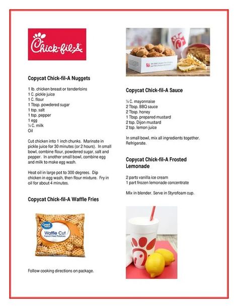 Chic Fil A Chicken Recipe Copycat, Diy Chic Fil A Sauce, Chickfila Fries Recipe, Chik Fil A Recipes, Chic Fil A Lemonade Recipe, Chik Fil A Sauce Recipe, Chic Fil A Copycat Recipes, Homemade Chick Fil A Nuggets, Chick Fila Nuggets Recipe