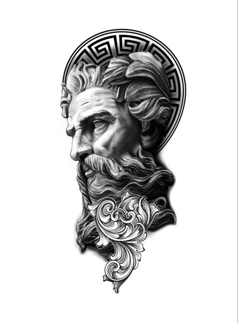 Zeus Shoulder Tattoo, Zeus Tattoo Design Greek Gods, Versace Tattoo Design, Zeus Tattoo Stencil, Zues Tattoo Mythology, Zeus Tattoo Design, Versace Tattoo, Greek Goddess Tattoo, Zeus Tattoo