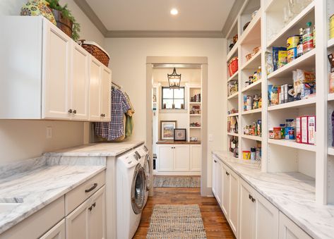 Making that space do the work for you, using built-ins to open up this room. Laundry Pantry Combo Ideas Layout, Mud Room And Pantry Combo, Pantry And Laundry Room Combo Layout, Laundry Room Pantry Combo, Pantry Laundry Room Combo, Pantry Utility, Laundry Room Pantry, Laundry Pantry, Narrow Laundry Room