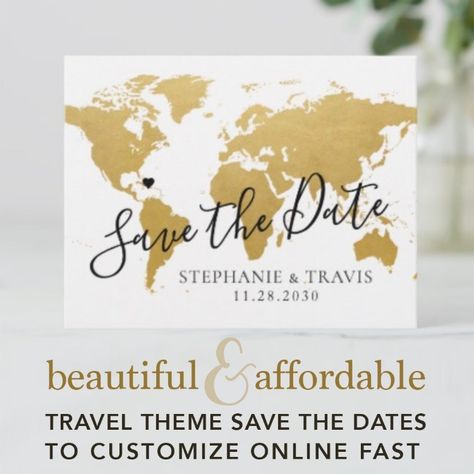 Elegant and unique map theme save the date postcards you can customize online fast and easy are available in gold, rose gold, and silver, and feature a moveable wedding destination pin on the map. All text and fonts are editable to create a save the date to match your style and color scheme. | destination wedding ideas | travel theme save the date | cheap wedding ideas | #destinationwedding #traveltheme #maptheme #worldmap #beachwedding #wedding #diy #savethedate #travel #ideas Save The Date Travel, Save The Date Fonts, Destination Wedding Save The Date, Diy Save The Dates, World Map Design, Travel Theme Wedding, Travel Theme, Save The Date Postcards, Wedding Diy