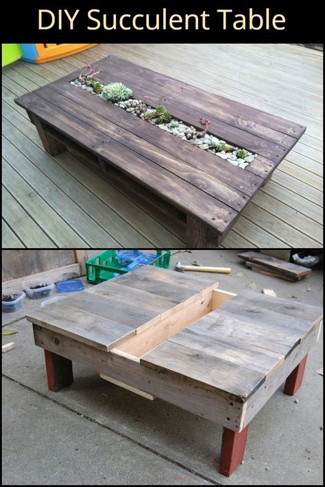 Succulent Table, Succulent Centerpiece, Homemade Furniture, Planter Table, Wooden Pallet Projects, Recycled Pallets, Old Pallets, Pallet Furniture Outdoor, Wood Pallet Projects