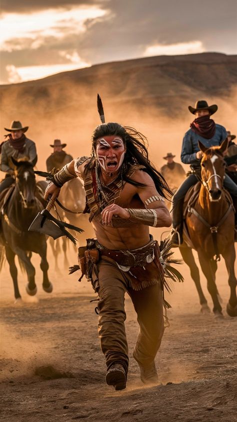 A captivating cinematic photo of a fierce battle between Native American🤠 Cowboys Wallpaper, Native American Warrior, Native American Men, American Men, Indigenous Americans, Cowboys And Indians, The Wild West, Native American History, Spiritual Connection