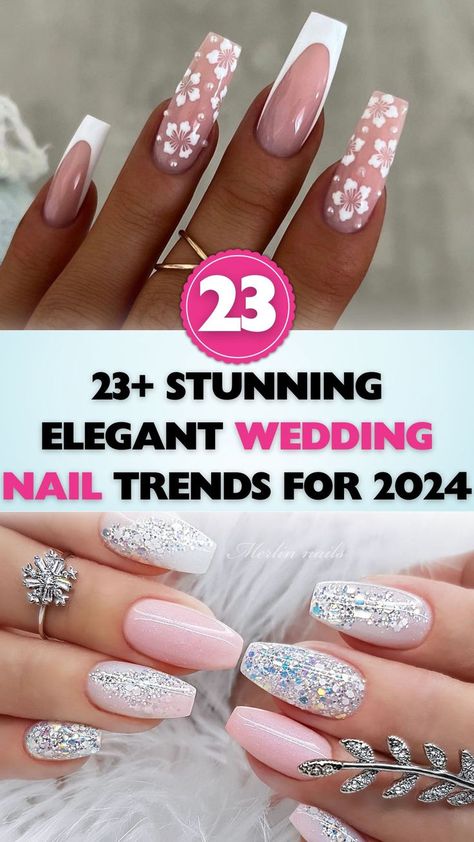 Keep your nails on-trend with these 23+ elegant wedding nail designs for 2024. From sparkling accents to delicate florals, find the inspiration you need to make your wedding day look truly yours. Almond Nails Wedding Classy, Mexico Wedding Nails, Bridesmaid Nail Art, Wedding Nails For Bride 2024, Wedding Nails For Bride Pink, Bridal Nails Wedding Acrylic, Wedding Nails 2024, Sparkle Wedding Nails, Pretty Elegant Nails