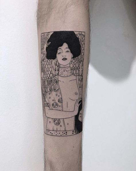 Judith version for Edu. #linework #dotwork #klimt Klimt Tattoo, Tattoo Stockholm, Art Inspired Tattoos, Nouveau Tattoo, Handpoke Tattoo, Blue Tattoo, Tattoo Graphic, Weird Tattoos, Painting Tattoo