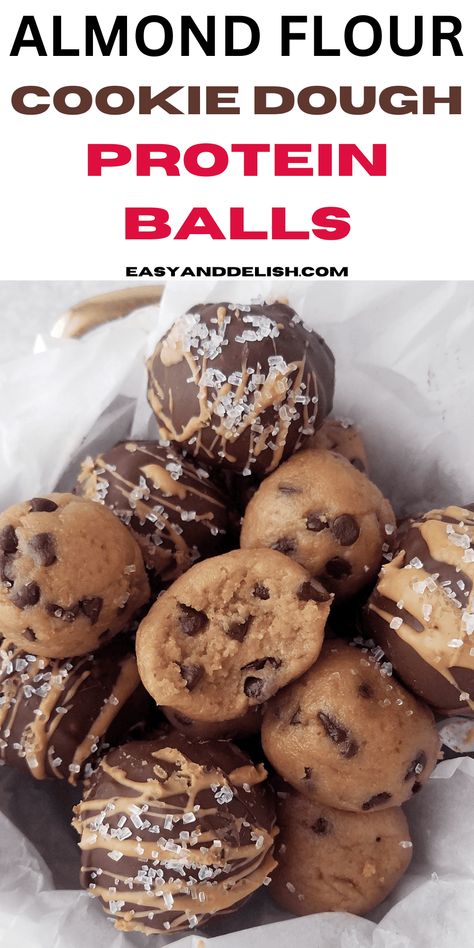 Get this easy and healthy snack on-the-go recipe for cookie dough protein balls! They are tasty low-carb energy bites for your sweet tooth! Almond Flour Cookie Dough, Cookie Dough Protein Balls, Almond Flour Desserts, Protein Bites Recipe, Protein Powder Cookies, Cookie Dough Protein, Protein Balls Healthy, Protein Cookie Dough, Healthy Cookie Dough