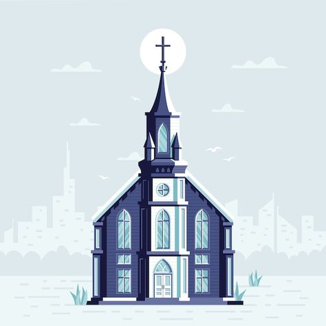 Flat Building Illustration, Minimalist Board, Church Illustration, Moonrise Kingdom, Building Illustration, Church Poster, Church Building, Church Design, Bottle Painting