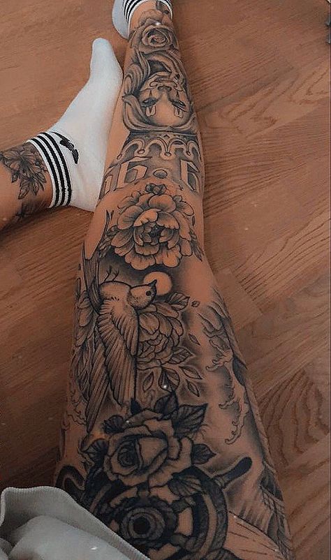 Girly Full Leg Tattoo, Black And Grey Leg Tattoos Women, Cute Leg Sleeve Tattoo, Leg Sleeve Tattoo Ideas For Women, Leg Filler Tattoo Ideas Women, Women’s Leg Sleeve Tattoo Ideas, Women With Leg Sleeves, Women Full Leg Tattoo Ideas, Woman Leg Sleeve Tattoo Ideas