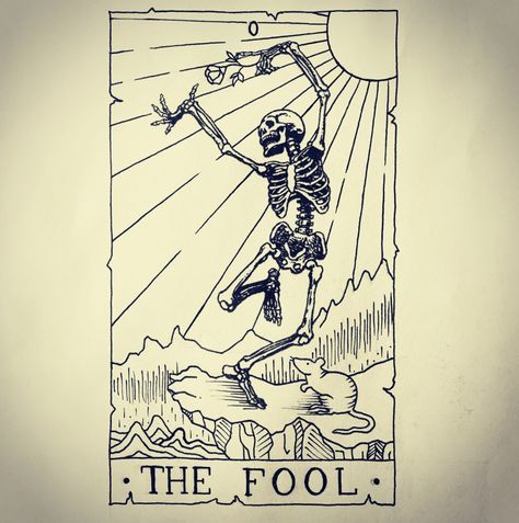 The Fool Skeleton Tarot, The Fool Traditional Tattoo, Skull Tarot Card Tattoo, Tarot Fool Tattoo, The Fool Tattoo Design, The Fool Tarot Tattoo, Tarot Cards Tattoo, Tiny Tattoos With Meaning, Watercolor Tattoo Ideas