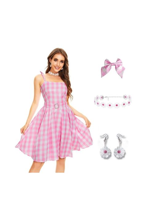 Image showcasing a Halloween cosplay set inspired by the 2023 Barbie movie featuring Margot Robbie. The set includes a vibrant pink gingham dress, a daisy-patterned necklace, a large matching hair bow, and a pair of daisy earrings. The material is highlighted as 100% breathable and skin-friendly polyester. The presentation suggests users can emulate Margot Robbie's iconic Barbie look in both comfort and style for the Halloween season. Margot Robbie Halloween Costume, Margot Robbie Halloween, Cosplay Skirt, 2023 Barbie, Pink Gingham Dress, Kids Carnival, Large Hair Bows, Skirt Swimsuit, Barbie Movie