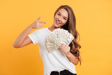 Holding Money, Need A Loan, Pointing Fingers, Long Blond, Close Up Portraits, Smile Girl, Woman Standing, Long Blonde Hair, Happy Women