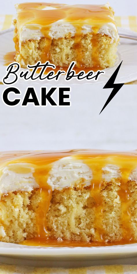 You Can Make A Butterbeer Cake Using Just 2 Ingredients and It's Pure Magic Butterbeer Brownies, Butter Beer Cake Recipe, Butter Beer Cake, Butterbeer Cake Recipe, Beer Cake Recipe, Butterbeer Cake, Brownie Mix Recipes, Cake Mix Brownies, Box Cake Recipes