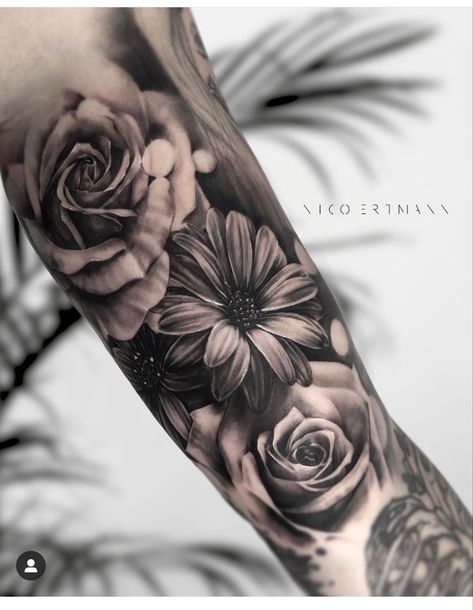 #CoolTattoos #TattooArt #InkMaster #TattooDesigns #InkedUp #TattooLovers #InkInspiration #TattooIdeas #CreativeInk #TattooStyle Black Roses Sleeve Tattoo, Rose And Daisy Tattoo Half Sleeves, Realistic Floral Tattoo Black And White, Realistic Floral Sleeve Tattoo, Realism Tattoo Sleeve Women Flowers, Realistic Flowers Tattoo, Realist Flower Tattoo, Black And Grey Flower Tattoo Sleeve, Dark Tattoo Cover Up Ideas For Women Back